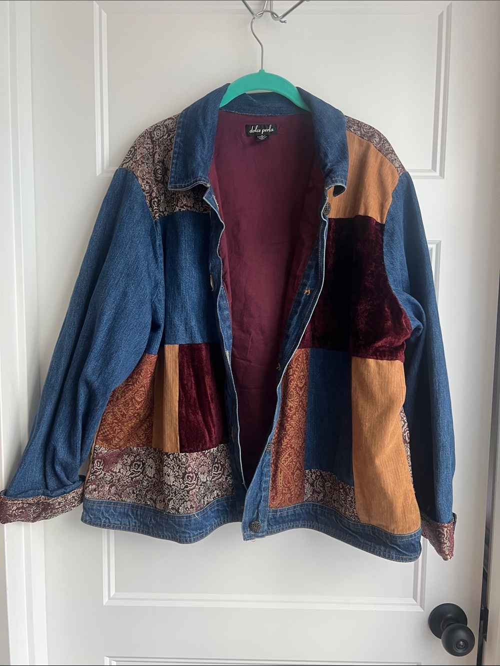 Vintage Patchwork Denim Jacket - Blue with Burgundy & Tan -